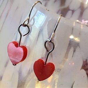 Red Dyed Shell and Silver Heart Earrings